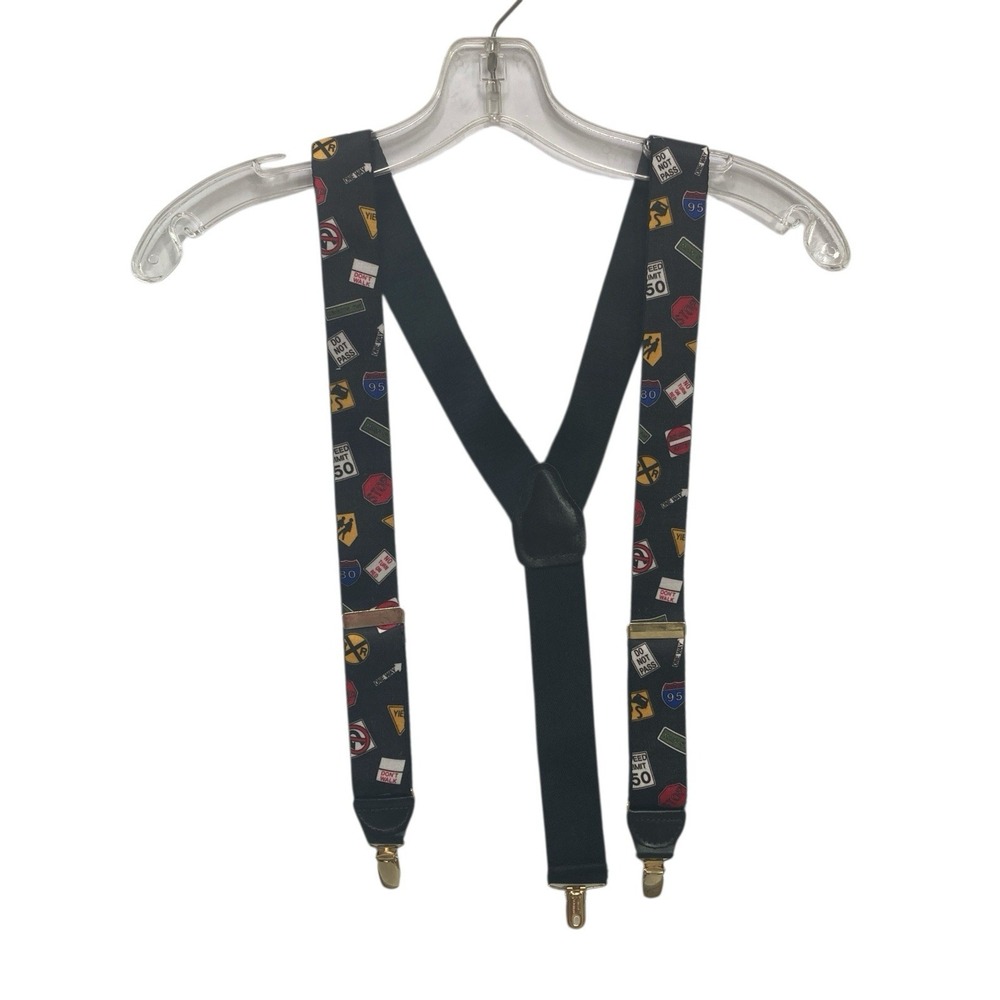 Vintage CAS West Germany Suspenders Road Signs Black‎ Mens Preppy Adjustable
